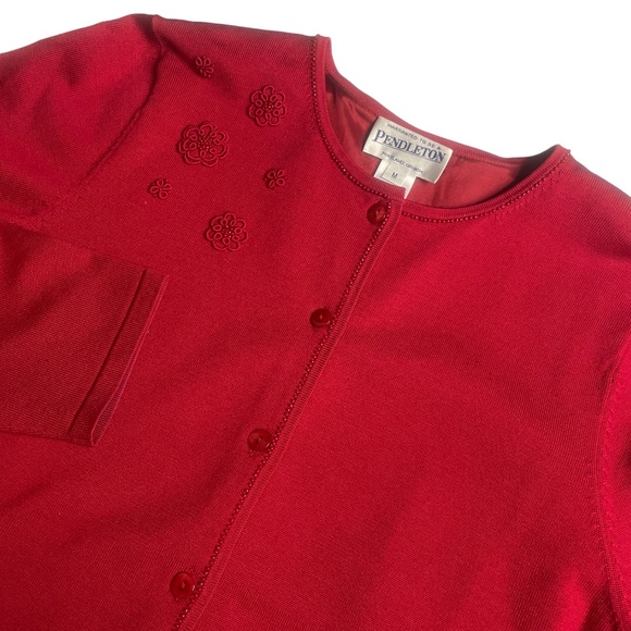 Pendleton Medium Red Cardigan 82% Silk Nylon Beadwork Long Sleeve button Lined - Picture 1 of 7